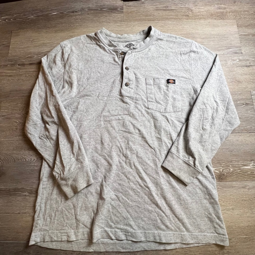 Dickies Henley Shirt Mens Large Gray Long Sleeve Pocket Workwear Tee